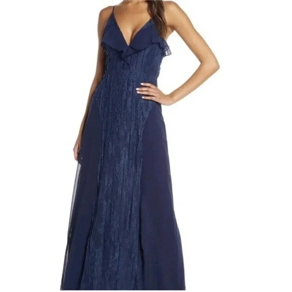 Foxiedox Navy PINTUCK LACE & CHIFFON Prom Gown Size L